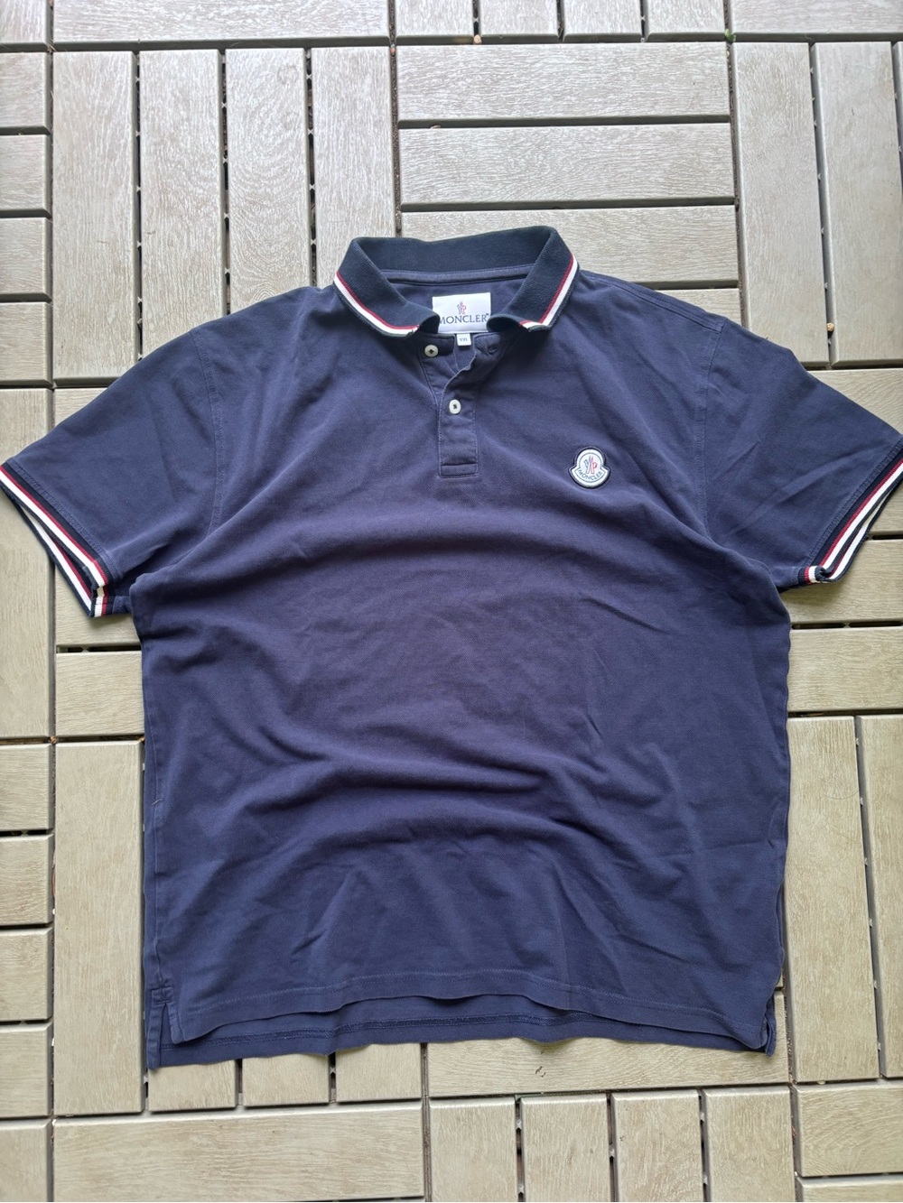 Moncler Navy Polo with Tricolor Trim FIT LARGE